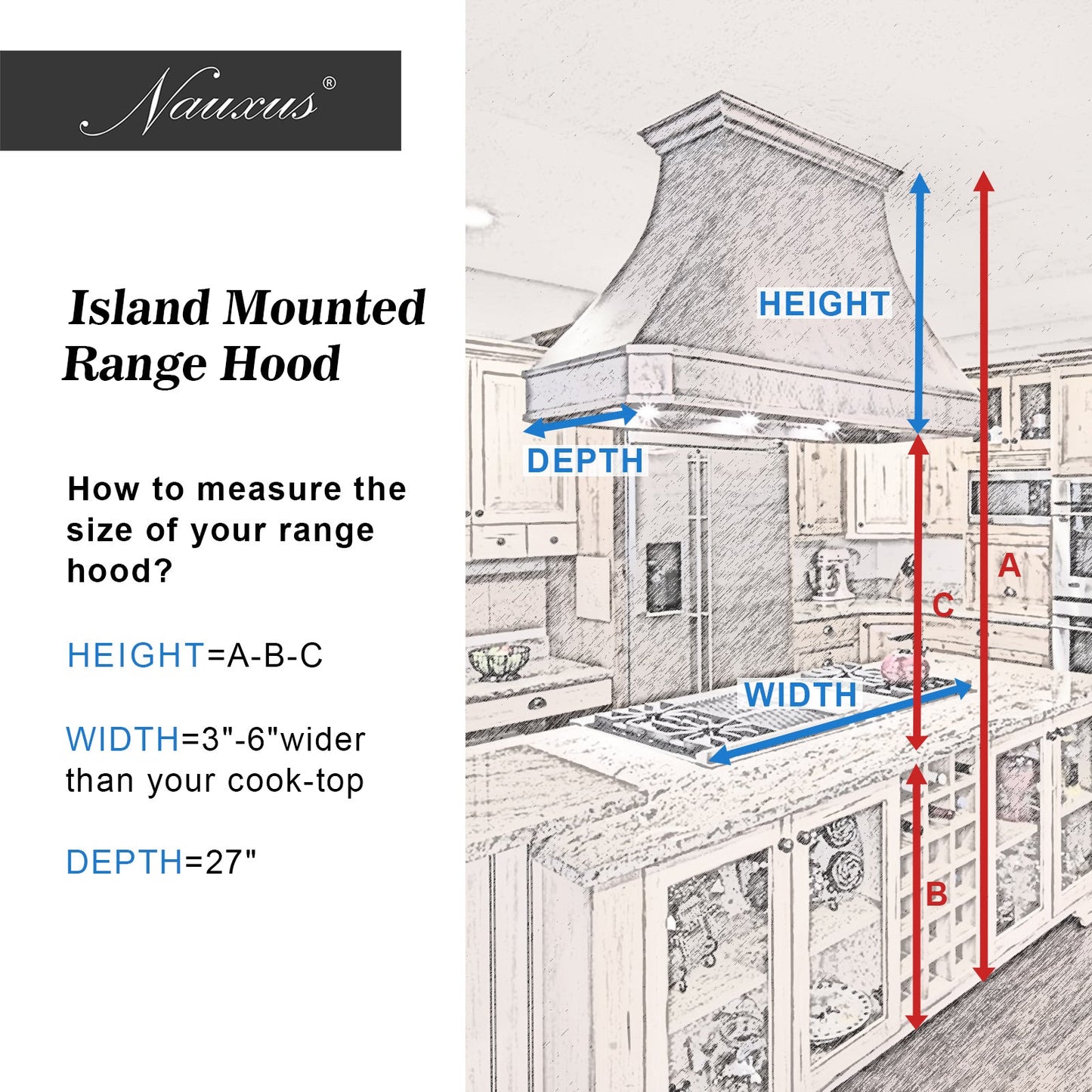 NAUXUS Handcrafted Custom Kitchen Copper Range Hood Wall/Island Mount, HCW42BBA