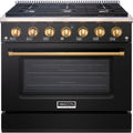 36" Slide-In Freestanding Professional Style Gas Range with 5.2 Cu. Ft. Oven, 6 Burners, Convection Fan, Cast Iron Grates, & Blue Porcelain Oven Interior, in Black with Gold
