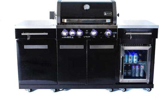 Premium 70"W X 24"D Black Stainless Steel Compact Outdoor Kitchen Island with Refrigerator + 32"W 4-Burner BBQ Grill with Infrared Rotisserie Burner + Storage Cabinets + Granite Countertops