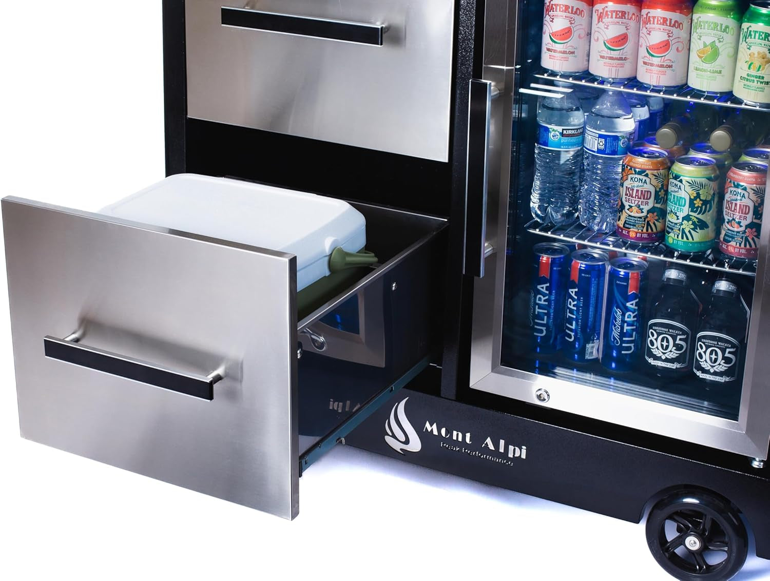 Stainless Steel 48"W X 22.5"D X 36"H Large Outdoor Kitchen Island Rolling Bar Cart Prep Table Grill Station with Ceramic Top & Beverage Refrigerator + Storage Drawers + Portable Ice Cooler