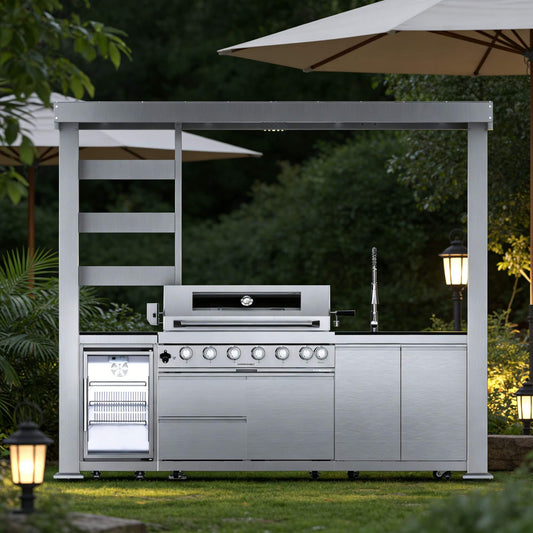 Flame Blaze 108-Inch 6-Burner 85K BTU Deluxe Stainless Steel Liquid Propane Outdoor Kitchen Grill Island With Wine Cooler, Rotisserie, Cabinets, And Granite Countertotps