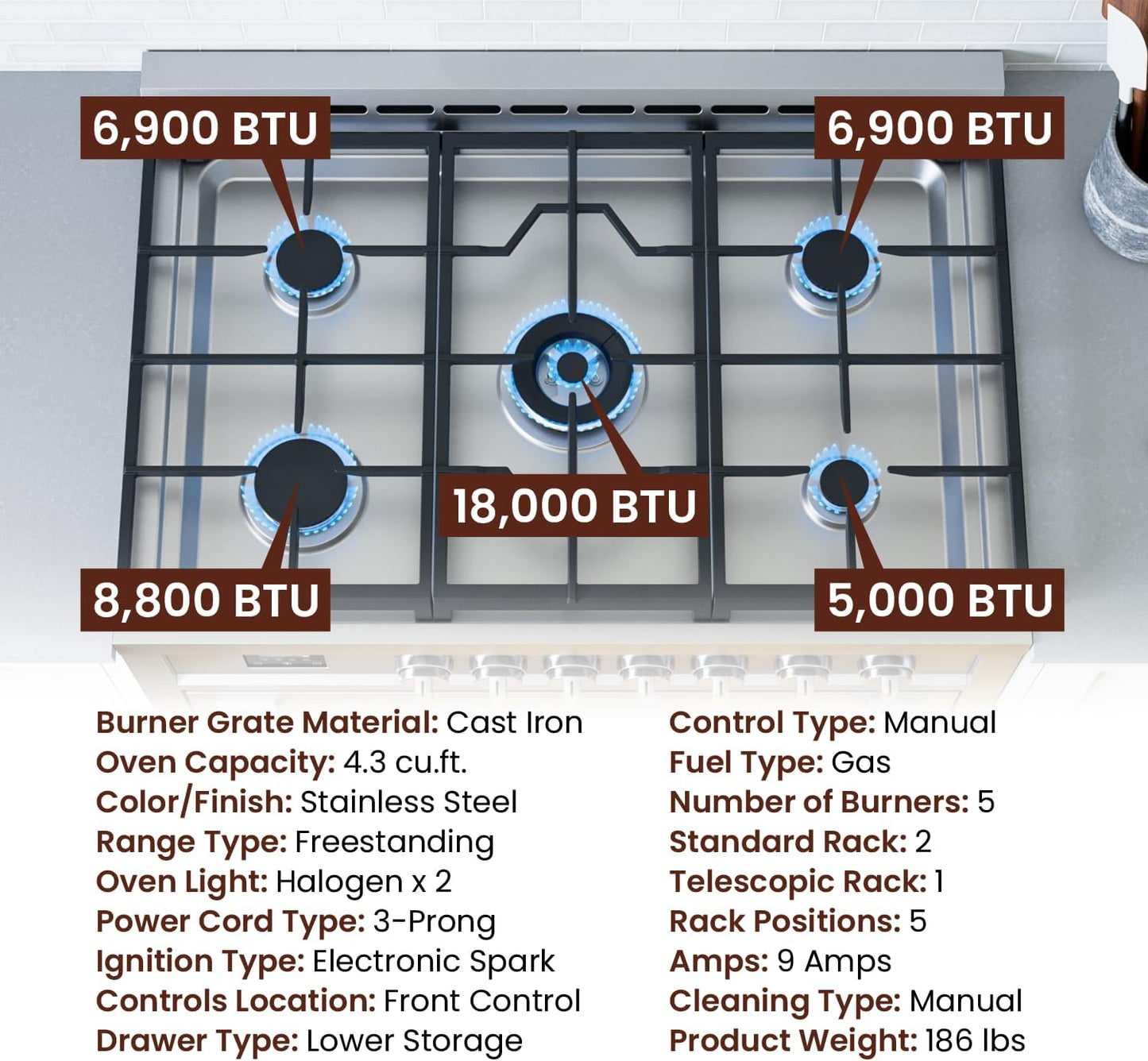 RRG361TS 36" Gas Range Oven with Timer - Stainless Steel, Sealed Burners, Convection Fan, Easy Reach Racks