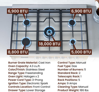 RRG361TS 36" Gas Range Oven with Timer - Stainless Steel, Sealed Burners, Convection Fan, Easy Reach Racks
