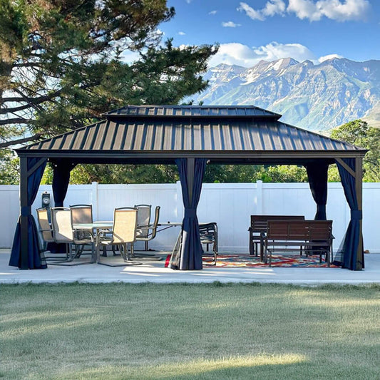 [12X20FT] Alora Heavy-Duty Outdoor Backyard Hardtop Gazebo With Netting And Curtains (SAK18352)
