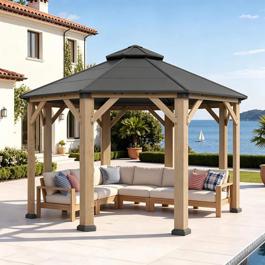 [13X13FT] Alora Cedar Wood Galvanized Steel Octagonal Hardtop Double Roof Gazebo (SAK17468)