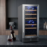 15 In. Dual Zone Built-In Wine Cooler 30-Bottle Cellar Cooling Unit in Stainless Steel with 6-Removable Shelves — Studio Shot