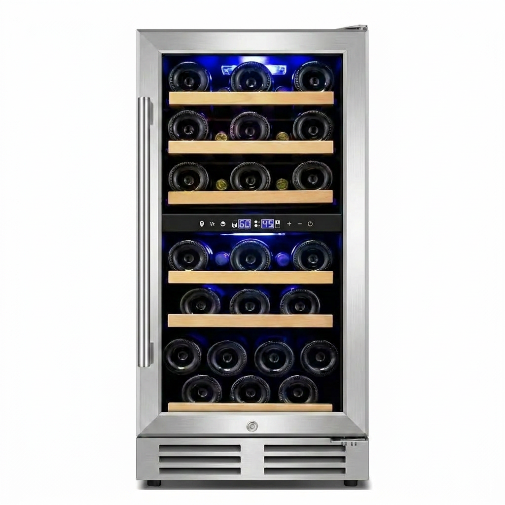 15 In. Dual Zone Built-In Wine Cooler 30-Bottle Cellar Cooling Unit in Stainless Steel with 6-Removable Shelves — Studio Shot