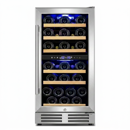 15 In. Dual Zone Built-In Wine Cooler 30-Bottle Cellar Cooling Unit in Stainless Steel with 6-Removable Shelves — Studio Shot