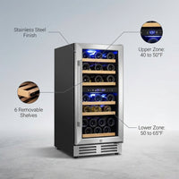 15 In. Dual Zone Built-In Wine Cooler 30-Bottle Cellar Cooling Unit in Stainless Steel with 6-Removable Shelves — infographic
