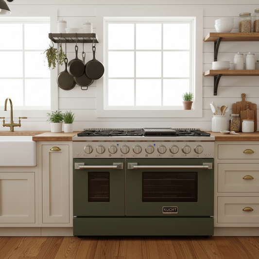 Kucht 48" Gas Range in Stainless Steel with Olive Green Oven Doors, KNG481-OG