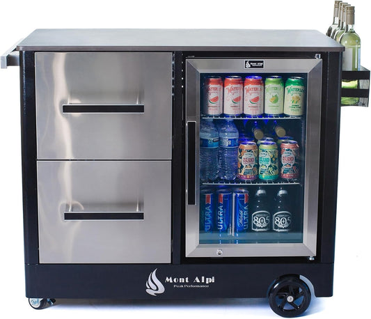 Stainless Steel 48"W X 22.5"D X 36"H Large Outdoor Kitchen Island Rolling Bar Cart Prep Table Grill Station with Ceramic Top & Beverage Refrigerator + Storage Drawers + Portable Ice Cooler