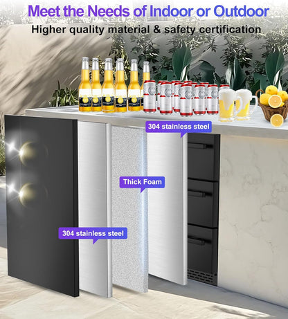 3-Tier Drawer Outdoor Beverage Refrigerator, Hold 180 Cans 24 Inch Undercounter & Built-In Beverage Fridge with Temperature Control, Waterproof Freestanding Beverage Cooler for Home,Commercial Use