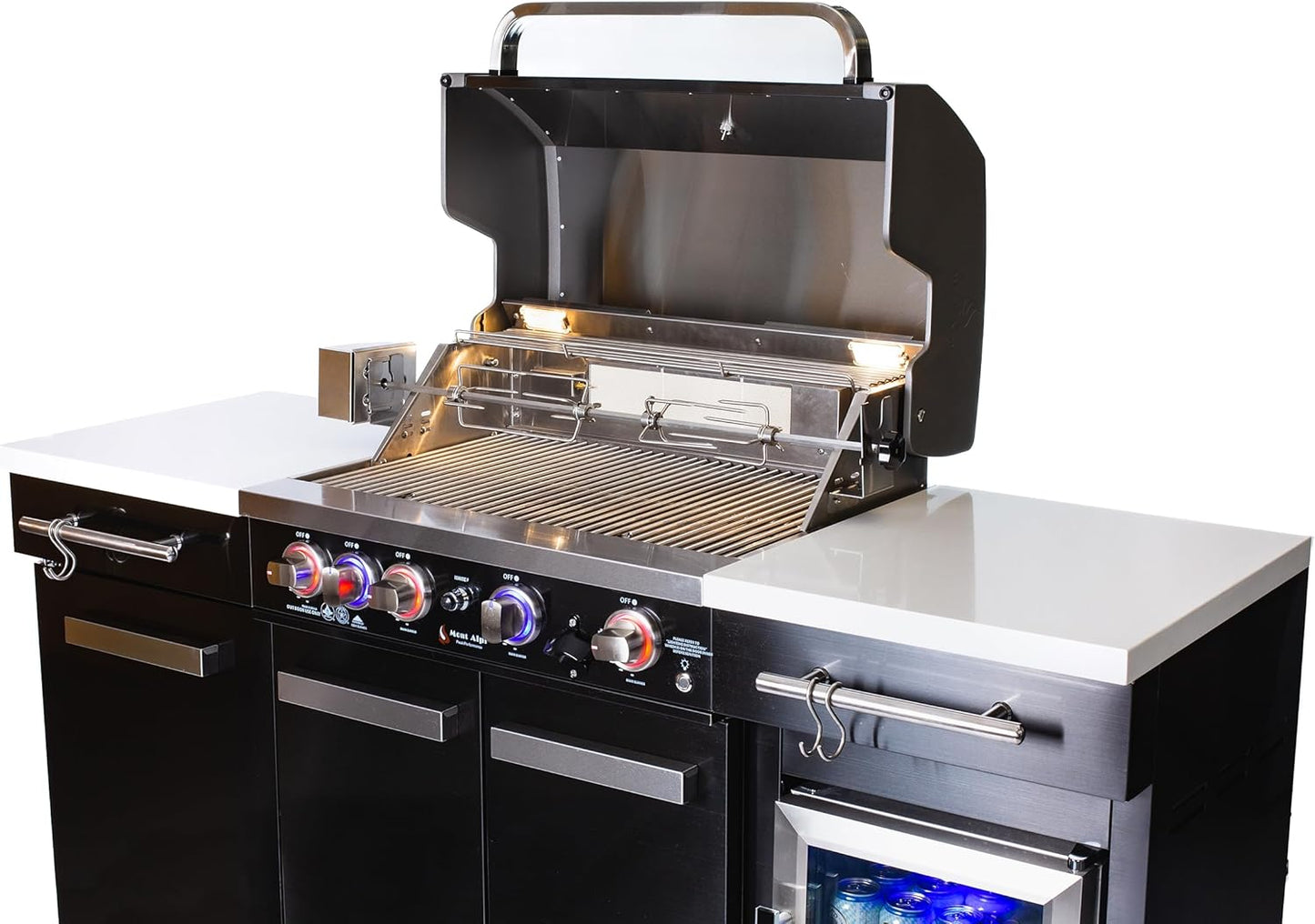 Premium 70"W X 24"D Black Stainless Steel Compact Outdoor Kitchen Island with Refrigerator + 32"W 4-Burner BBQ Grill with Infrared Rotisserie Burner + Storage Cabinets + Granite Countertops