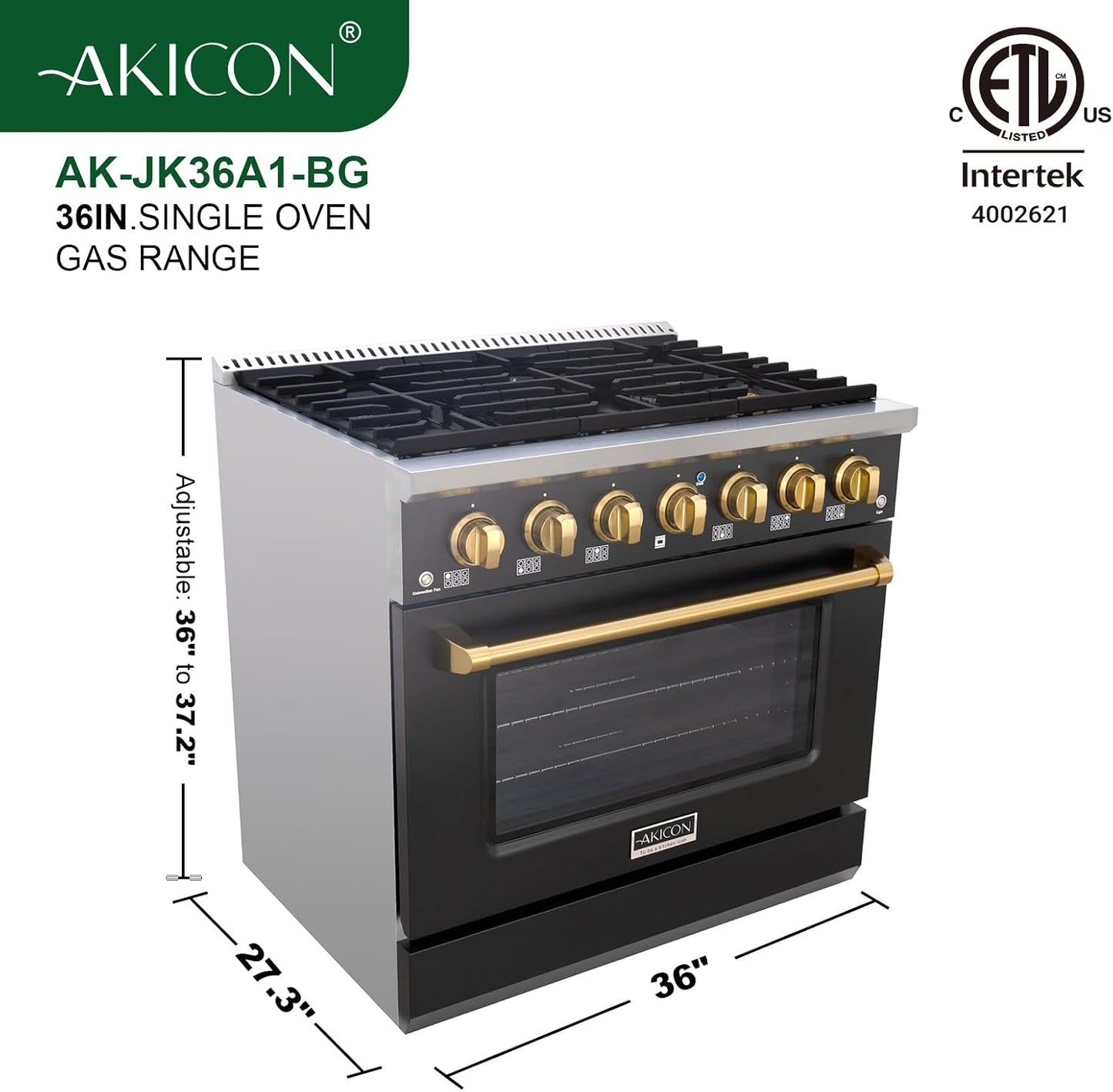 36" Slide-In Freestanding Professional Style Gas Range with 5.2 Cu. Ft. Oven, 6 Burners, Convection Fan, Cast Iron Grates, & Blue Porcelain Oven Interior, in Black with Gold