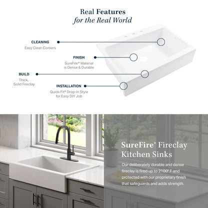 Parker Matte Black Fireclay 34″ Single Bowl Quick-Fit Farmhouse Apron Front Drop-In Kitchen Sink and Drain