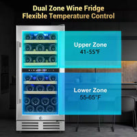 15 In. Dual Zone Built-In Wine Cooler 30-Bottle Cellar Cooling Unit in Stainless Steel with 6-Removable Shelves