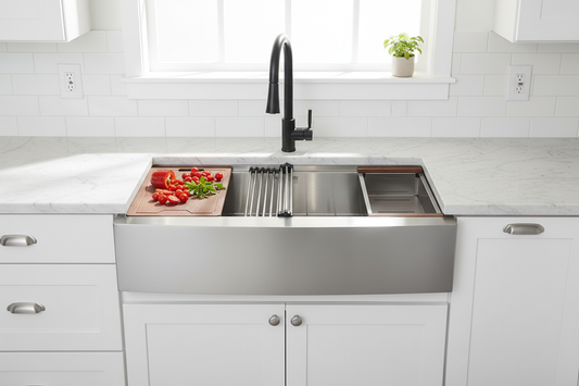 33" Farmhouse Workstation Sink as Hero in Luxury Kitchen
