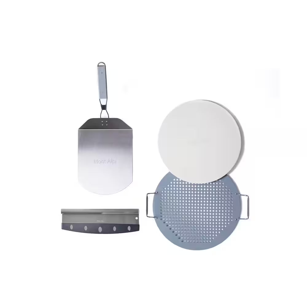 Stainless Steel Universal Outdoor Grill Pizza Maker Kit with 15 In. Pizza Stone, Pizza Peel, Chicago Style Pizza Cutter