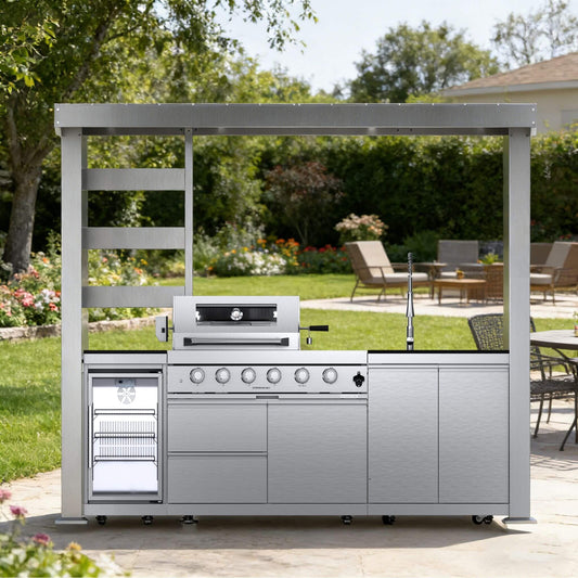 Flame Imperial 110-Inch 4-Burner 72K BTU Deluxe Stainless Steel Outdoor Kitchen Grill Island With Wine Cooler, Rotisserie, Cabinets, And Granite Countertops