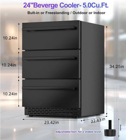 3-Tier Drawer Outdoor Beverage Refrigerator, Hold 180 Cans 24 Inch Undercounter & Built-In Beverage Fridge with Temperature Control, Waterproof Freestanding Beverage Cooler for Home,Commercial Use