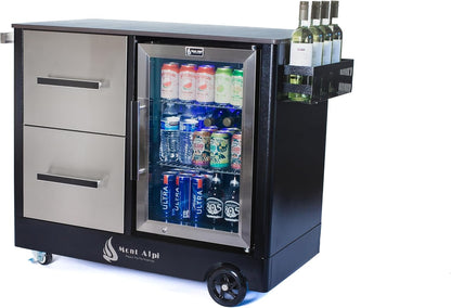 Stainless Steel 48"W X 22.5"D X 36"H Large Outdoor Kitchen Island Rolling Bar Cart Prep Table Grill Station with Ceramic Top & Beverage Refrigerator + Storage Drawers + Portable Ice Cooler
