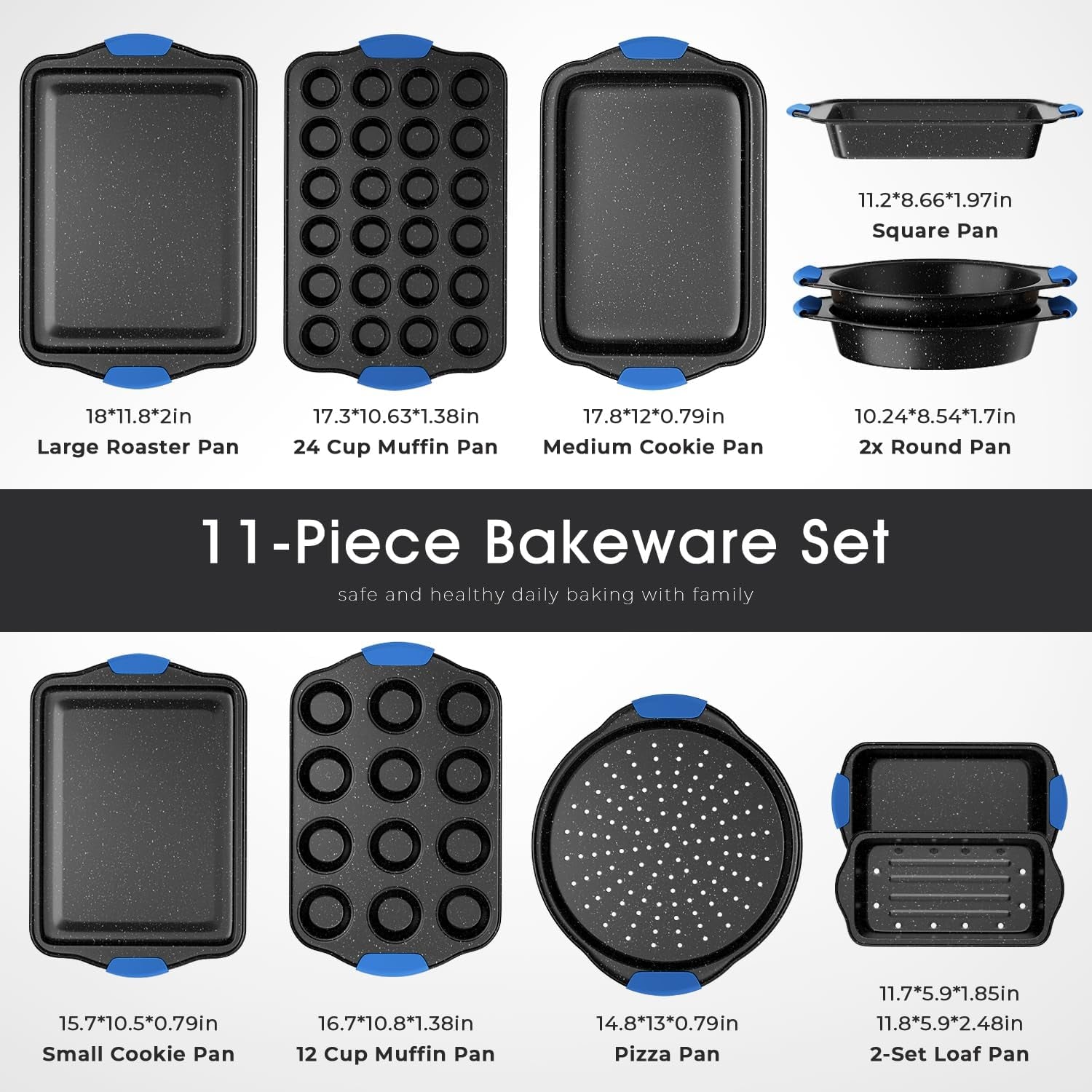 11-Piece Professional Stackable Baking Set, Oven-Safe Nonstick Cookware with Cool-Touch Handles - Features Cookie Sheet, Cake Pan, Muffin Tin, Pizza Stone & Bread Loaf Pan, Black&Blue
