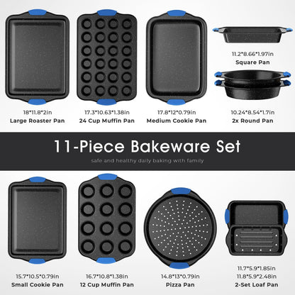 11-Piece Professional Stackable Baking Set, Oven-Safe Nonstick Cookware with Cool-Touch Handles - Features Cookie Sheet, Cake Pan, Muffin Tin, Pizza Stone & Bread Loaf Pan, Black&Blue