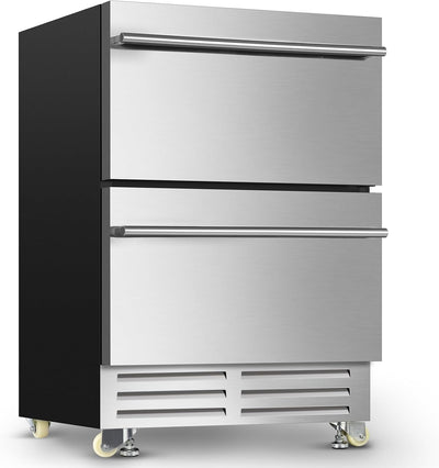 24 Inch Dual Drawer Fridge under Counter with Wheels, Outdoor Beverage Refrigerator for Patio, Stainless Steel Weather-Proof, Freestanding or Built-In Installation, Ideal for Home and Commercial Use
