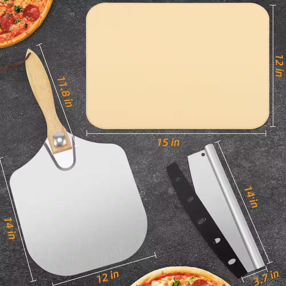 5 Pieces Pizza Stone Set, 15 In. Rectangle Pizza Stone Set with Metal Pizza Peels, Cutter Rocker for Oven, Outdoor Grill
