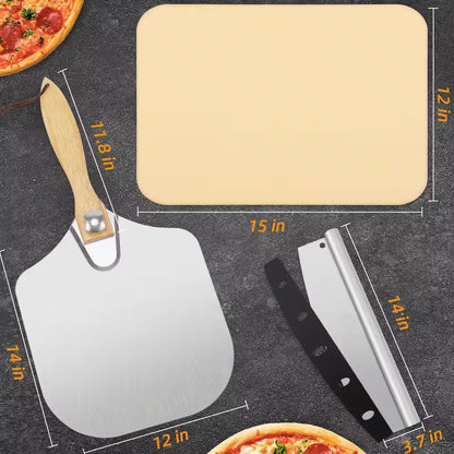 5 Pieces Pizza Stone Set, 15 In. Rectangle Pizza Stone Set with Metal Pizza Peels, Cutter Rocker for Oven, Outdoor Grill