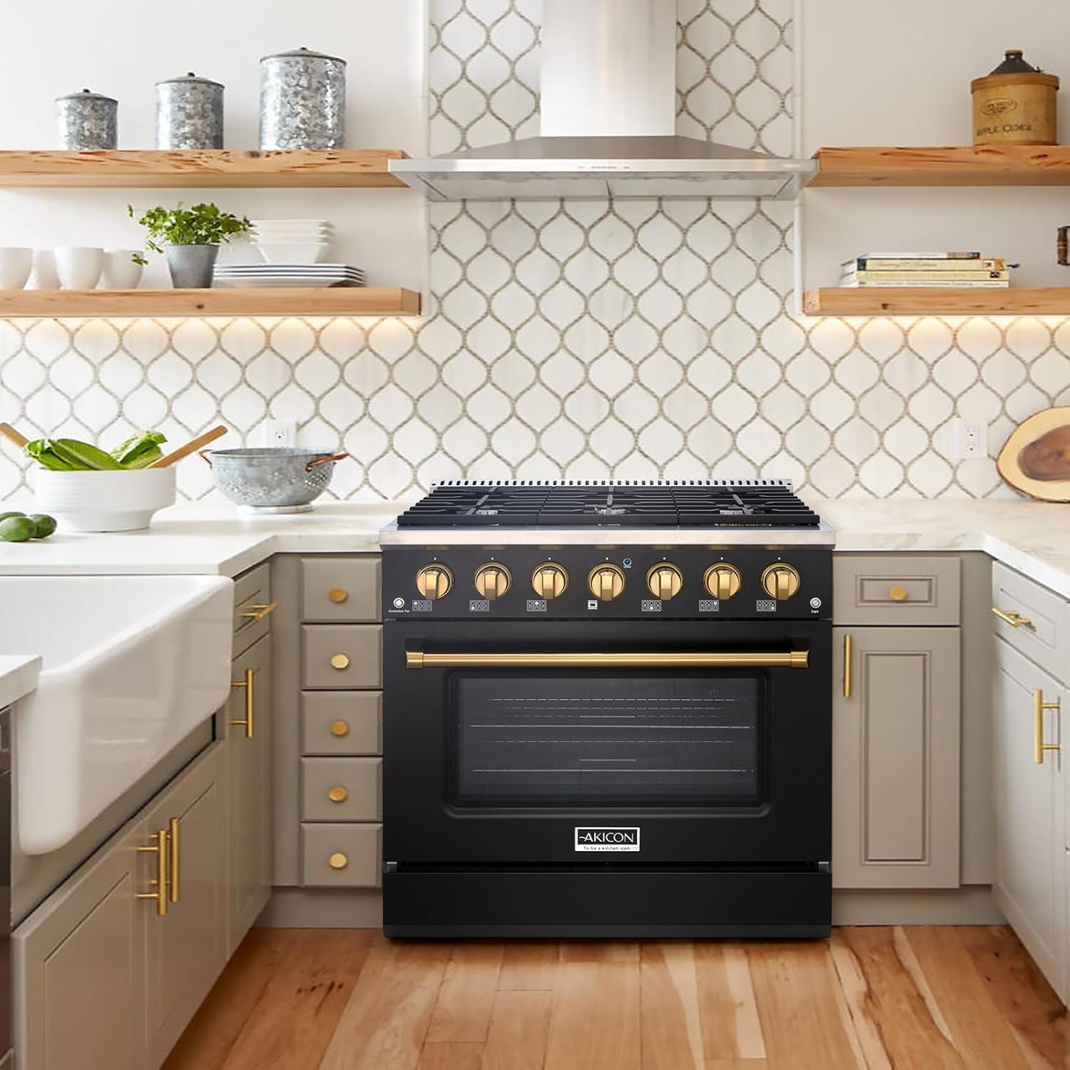 36" Slide-In Freestanding Professional Style Gas Range with 5.2 Cu. Ft. Oven, 6 Burners, Convection Fan, Cast Iron Grates, & Blue Porcelain Oven Interior, in Black with Gold