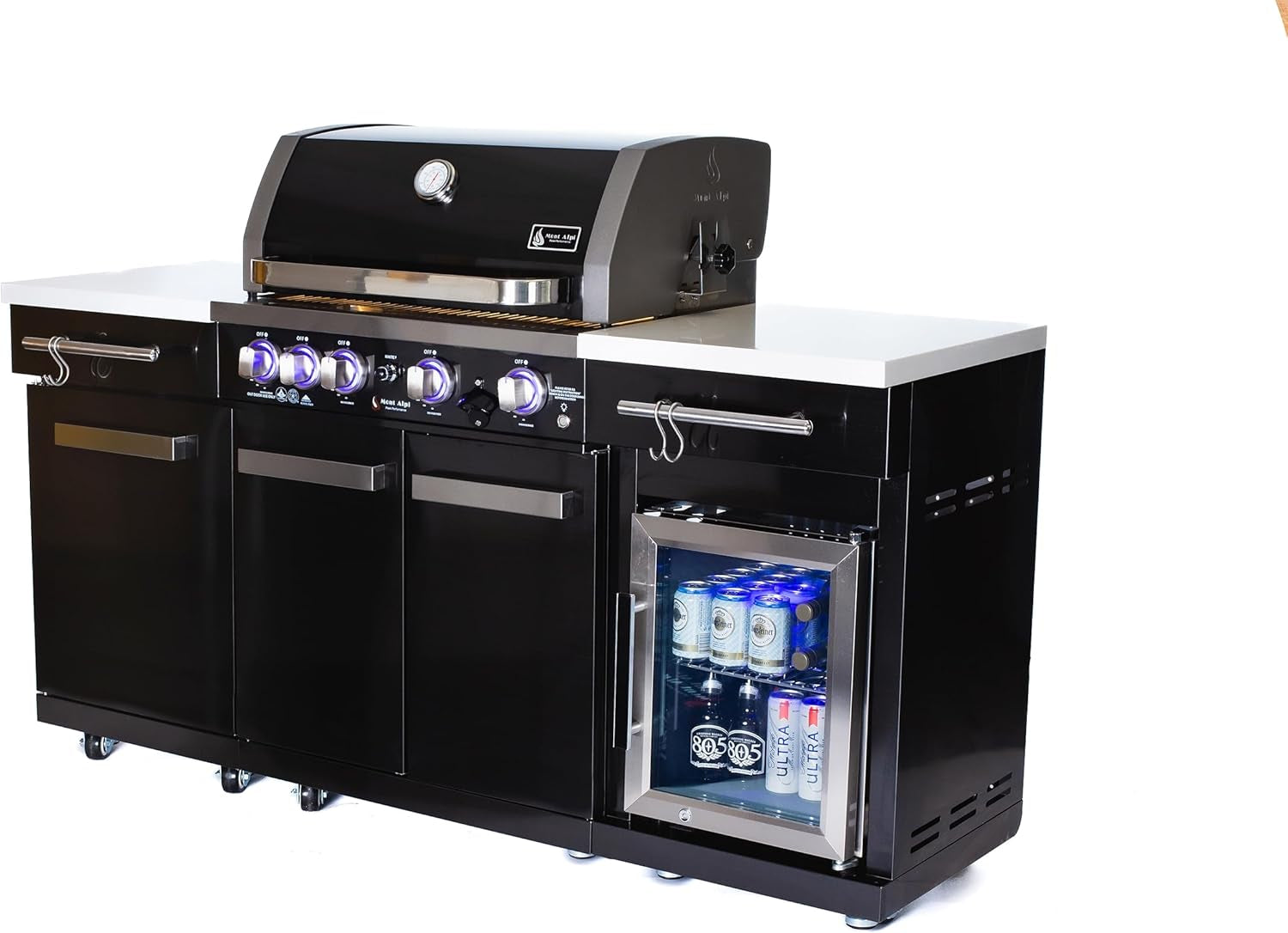 Premium 70"W X 24"D Black Stainless Steel Compact Outdoor Kitchen Island with Refrigerator + 32"W 4-Burner BBQ Grill with Infrared Rotisserie Burner + Storage Cabinets + Granite Countertops