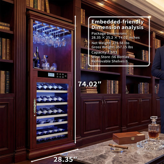 Nuvia 56-Bottle 7.5 Cu.Ft Single-Zone Multi-Tiered Wooden Wine Cooler Cabinet With Humidity And Temperature Controls