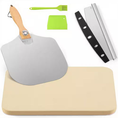 5 Pieces Pizza Stone Set, 15 In. Rectangle Pizza Stone Set with Metal Pizza Peels, Cutter Rocker for Oven, Outdoor Grill