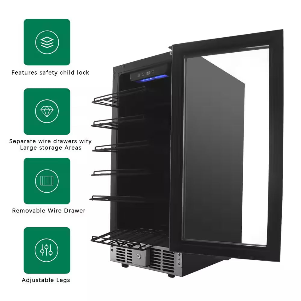 Cellar Cooling Unit 15 In. Single Zone 30-Bottle Undercounter/ Freestanding Wine Cooler in Black, Adjustable Shelves