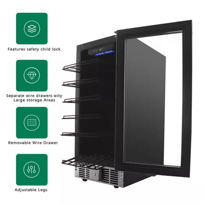 Cellar Cooling Unit 15 In. Single Zone 30-Bottle Undercounter/ Freestanding Wine Cooler in Black, Adjustable Shelves