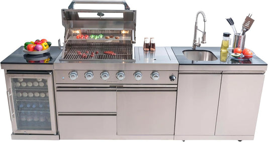 Modular Outdoor Kitchen BBQ Island, 104" Outdoor Kitchen Propane Gas Island Grill with Sink, Compact Refrigerator, Storage Cabinets, Rotisserie Kit (Silver, 104")
