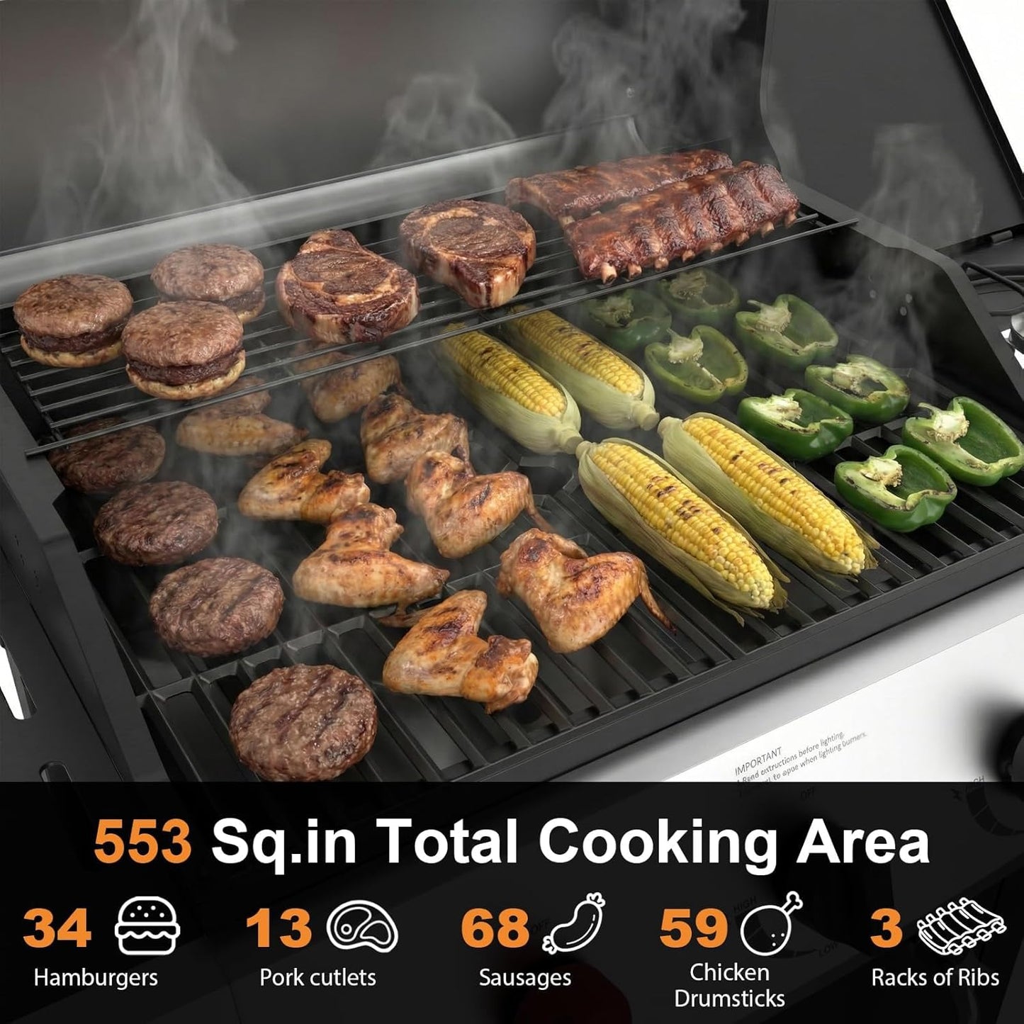 4 Burners Propane Gas Outdoor Grill 50000 BTU, 553 Sq.In, Side Burner, Porcelain-Enameled Grates, Stainless Steel Propane Grill Outdoor Cooking, Patio Garden Family Barbecues Party