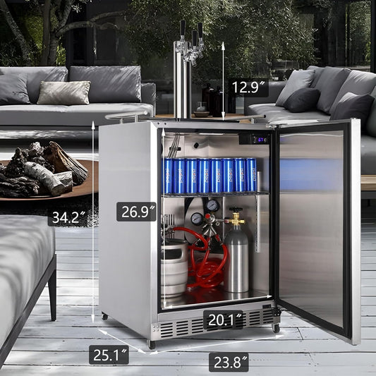Kegerator, 24 Inch Outdoor Kegerator for Patio with 3 Taps, Full Size Beer Dispenser and Beverage Refrigerator with Auto Defrost & Reversible Stainless Steel Door, Ideal for Home Bars