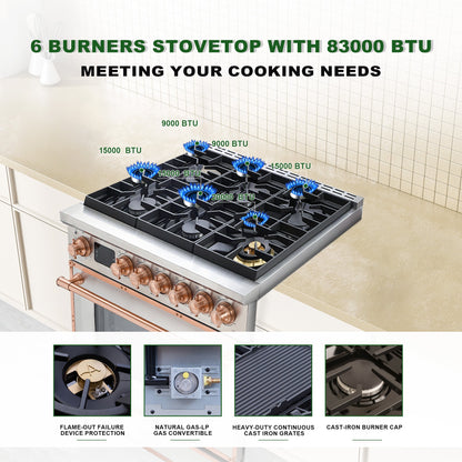 36” Freestanding Gas Range with 6 Sealed Burners Cooktop, Natural Gas/LP Convertible