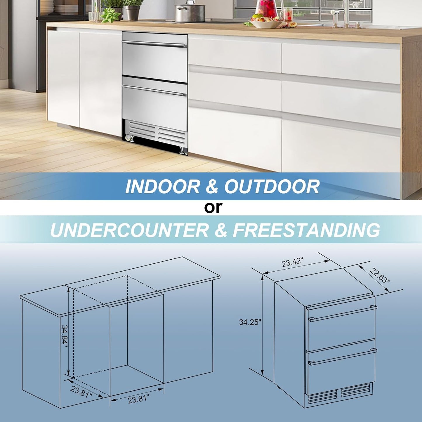 24 Inch Dual Drawer Fridge under Counter with Wheels, Outdoor Beverage Refrigerator for Patio, Stainless Steel Weather-Proof, Freestanding or Built-In Installation, Ideal for Home and Commercial Use