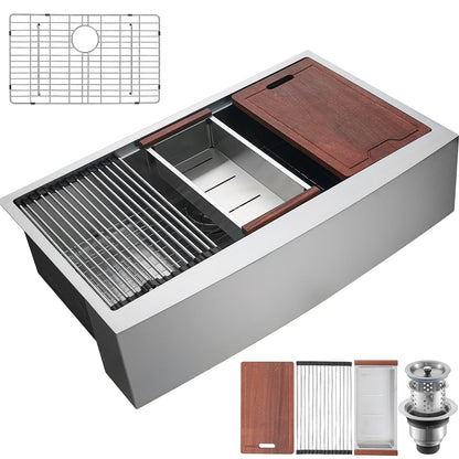Farmhouse Kitchen Sink, 304 Stainless Steel Drop-In Sinks, Single Bowl Basin with Ledge & Accessories, Household Dishwasher Sinks for Workstation, Prep Kitchen, and Bar Sink, 36 inch