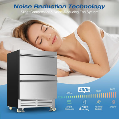 24 Inch Dual Drawer Fridge under Counter with Wheels, Outdoor Beverage Refrigerator for Patio, Stainless Steel Weather-Proof, Freestanding or Built-In Installation, Ideal for Home and Commercial Use