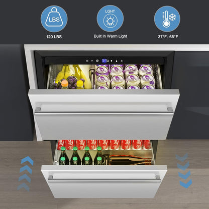 24 Inch Dual Drawer Fridge under Counter with Wheels, Outdoor Beverage Refrigerator for Patio, Stainless Steel Weather-Proof, Freestanding or Built-In Installation, Ideal for Home and Commercial Use
