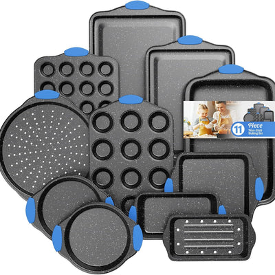 11-Piece Professional Stackable Baking Set, Oven-Safe Nonstick Cookware with Cool-Touch Handles - Features Cookie Sheet, Cake Pan, Muffin Tin, Pizza Stone & Bread Loaf Pan, Black&Blue