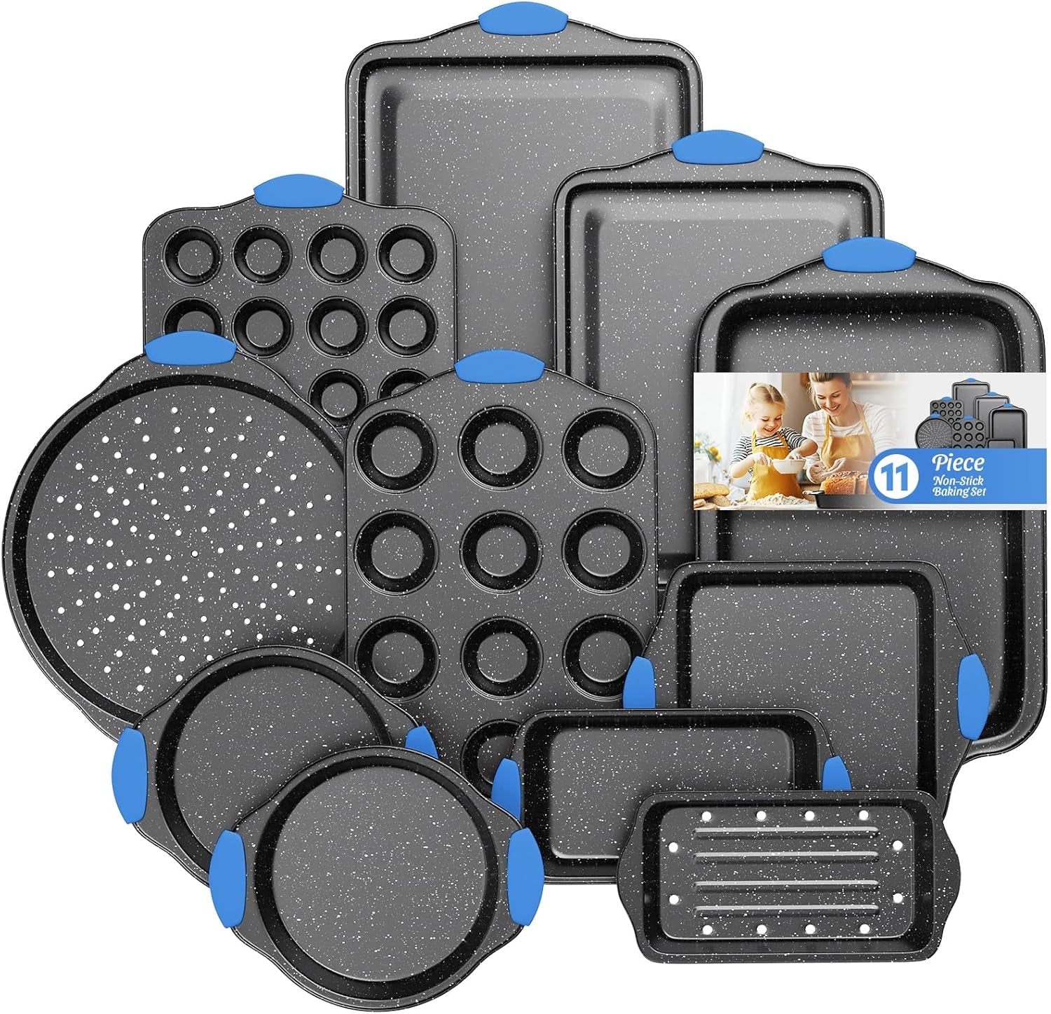 11-Piece Professional Stackable Baking Set, Oven-Safe Nonstick Cookware with Cool-Touch Handles - Features Cookie Sheet, Cake Pan, Muffin Tin, Pizza Stone & Bread Loaf Pan, Black&Blue