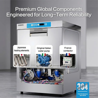 Commercial Dishwasher, High-Temp Undercounter Dishwasher, 40 Racks/Hr, 208-240V, 1 Phase Stainless Steel Glasswasher Perfect Fit for Restaurant, Catering, Bar & Cafe