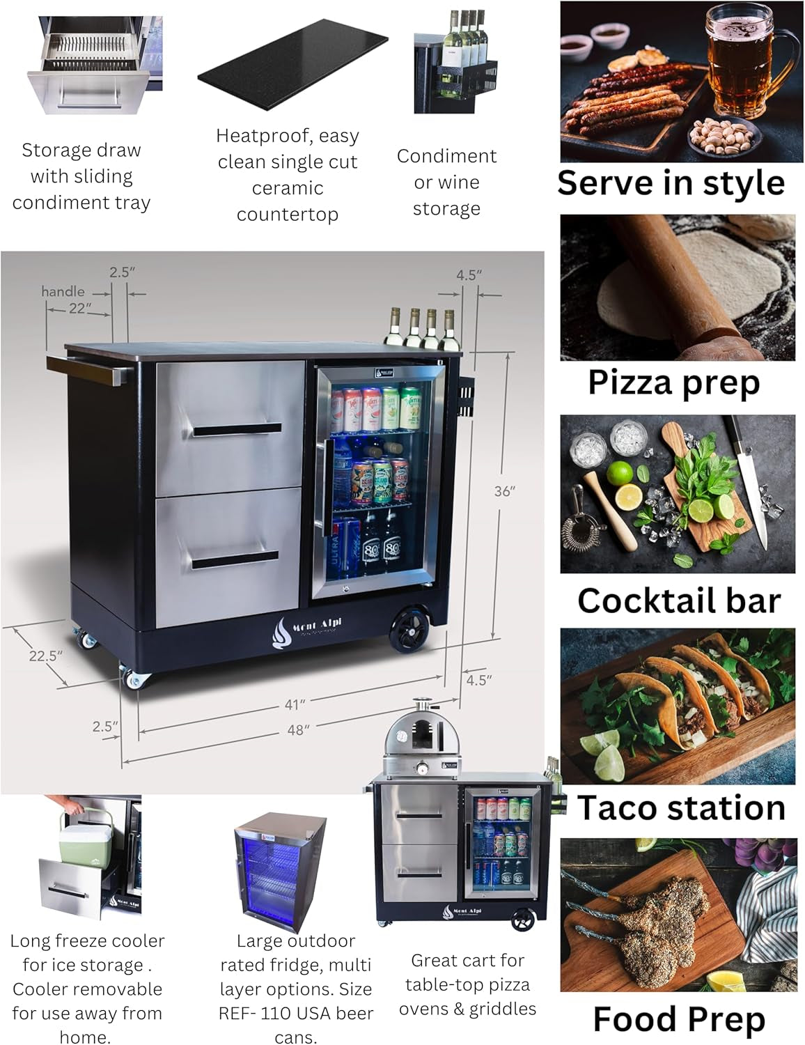 Stainless Steel 48"W X 22.5"D X 36"H Large Outdoor Kitchen Island Rolling Bar Cart Prep Table Grill Station with Ceramic Top & Beverage Refrigerator + Storage Drawers + Portable Ice Cooler