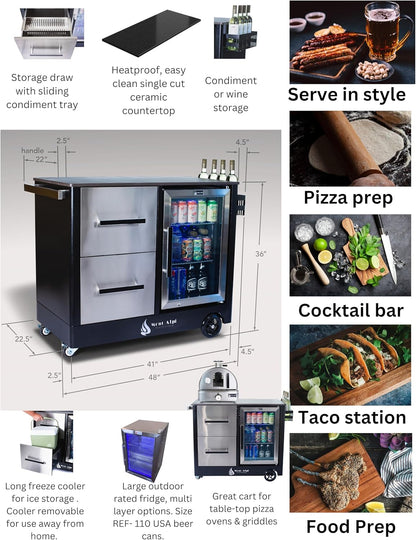 Stainless Steel 48"W X 22.5"D X 36"H Large Outdoor Kitchen Island Rolling Bar Cart Prep Table Grill Station with Ceramic Top & Beverage Refrigerator + Storage Drawers + Portable Ice Cooler