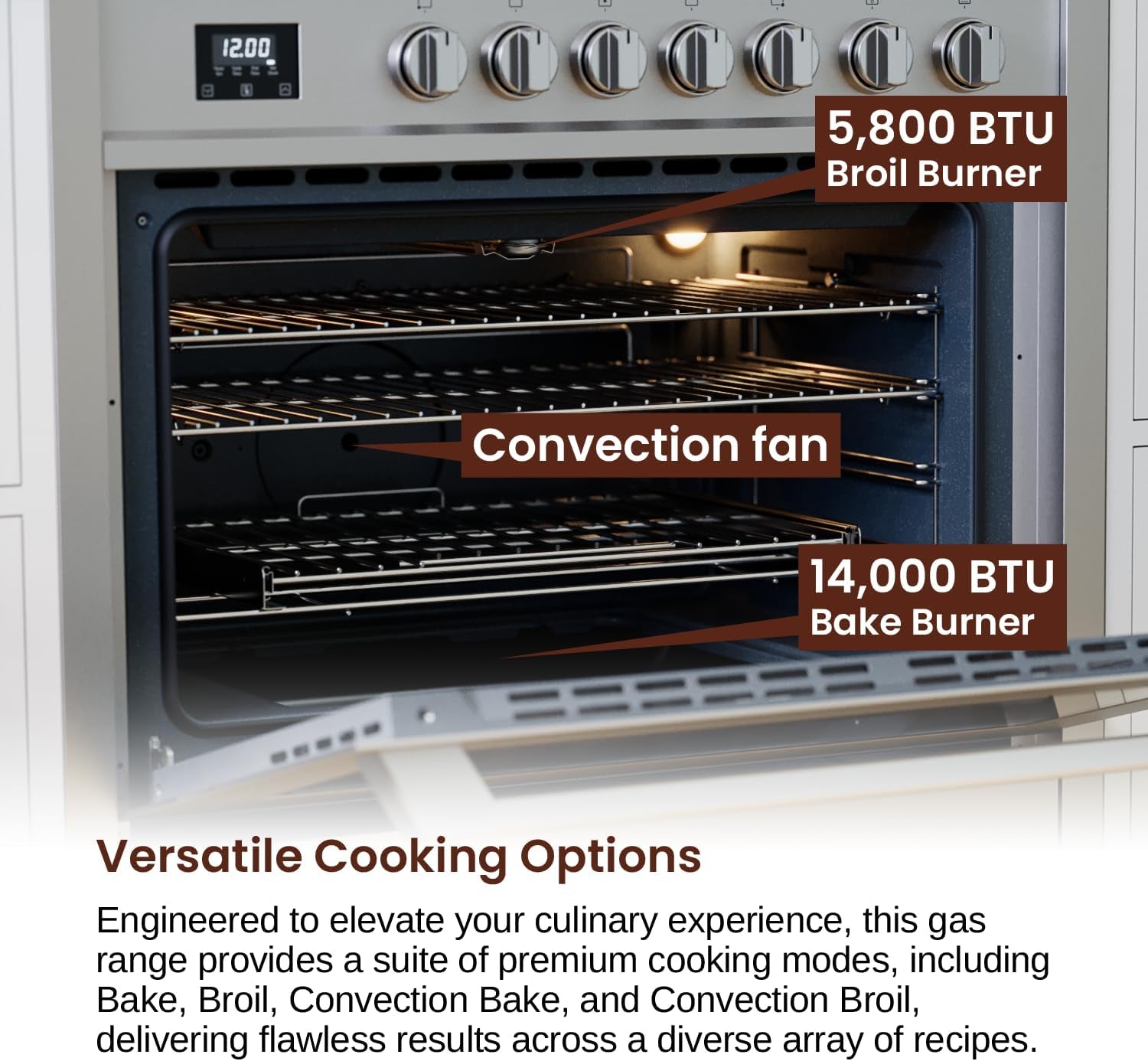 RRG361TS 36" Gas Range Oven with Timer - Stainless Steel, Sealed Burners, Convection Fan, Easy Reach Racks